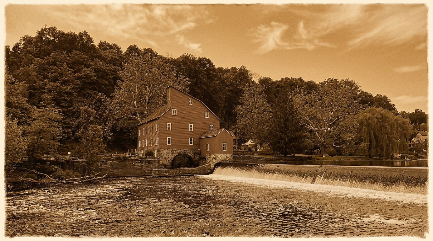 A rustic red mill by a river — the setting where Bonded Brew began